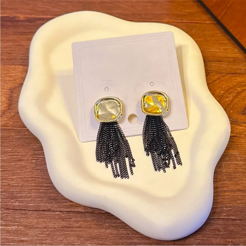 Gold & Black Tassel Statement Earrings Vintage Glam Fringe Earrings Black Chain